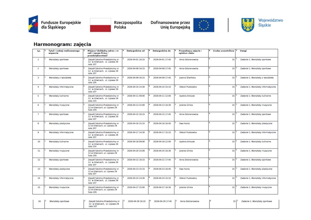 Harmonogram przedstawia informacje kiedy odbywają się warsztaty muzyczne, sportowe, informatyczne, plastyczne, z rękodzieła i kulinarne dla dzieci.