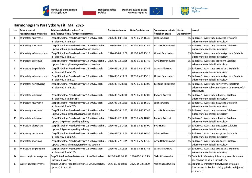 Harmonogram przedstawia informacje kiedy odbywają się warsztaty muzyczne, sportowe, informatyczne, plastyczne, z rękodzieła i kulinarne dla dzieci.