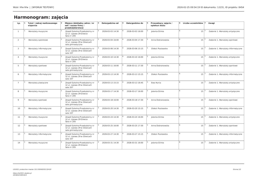Harmonogram przedstawia informacje kiedy odbywają się warsztaty muzyczne, sportowe, informatyczne, plastyczne dla dzieci.