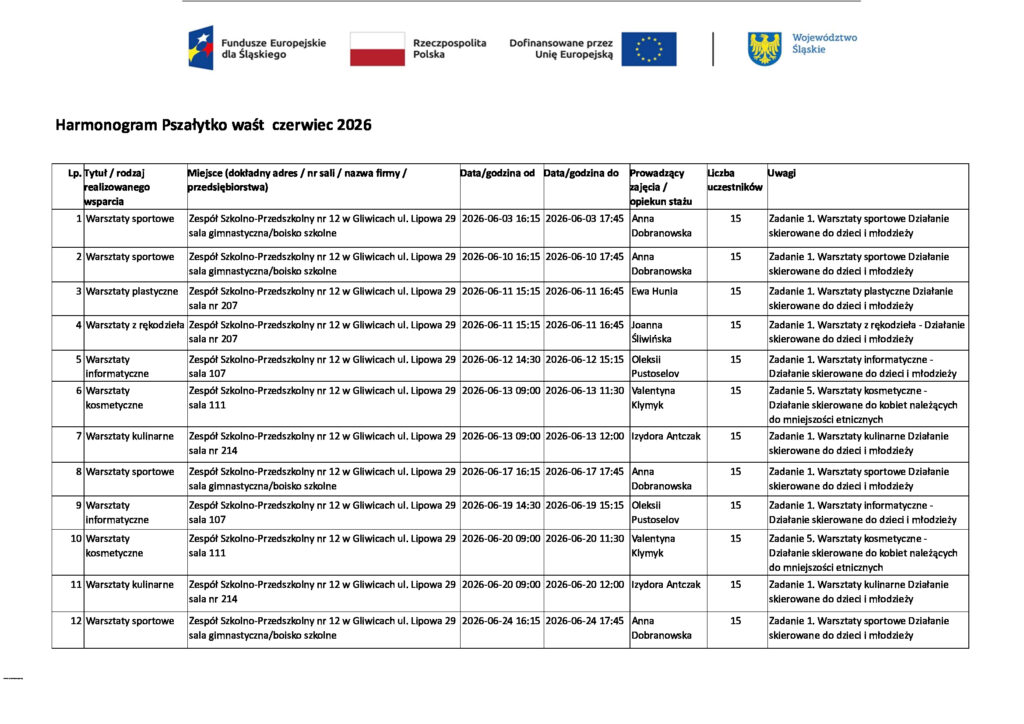 Obraz przedstawia harmonogram zajęć zna miesiąc czerwiec 2026 zajęć skierowanych do dzieci i młodzieży oraz kobiet należących do mniejszości etnicznych.