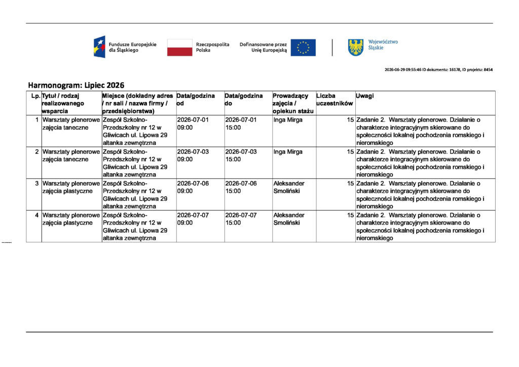 Harmonogram zajęć na miesiąc lipiec